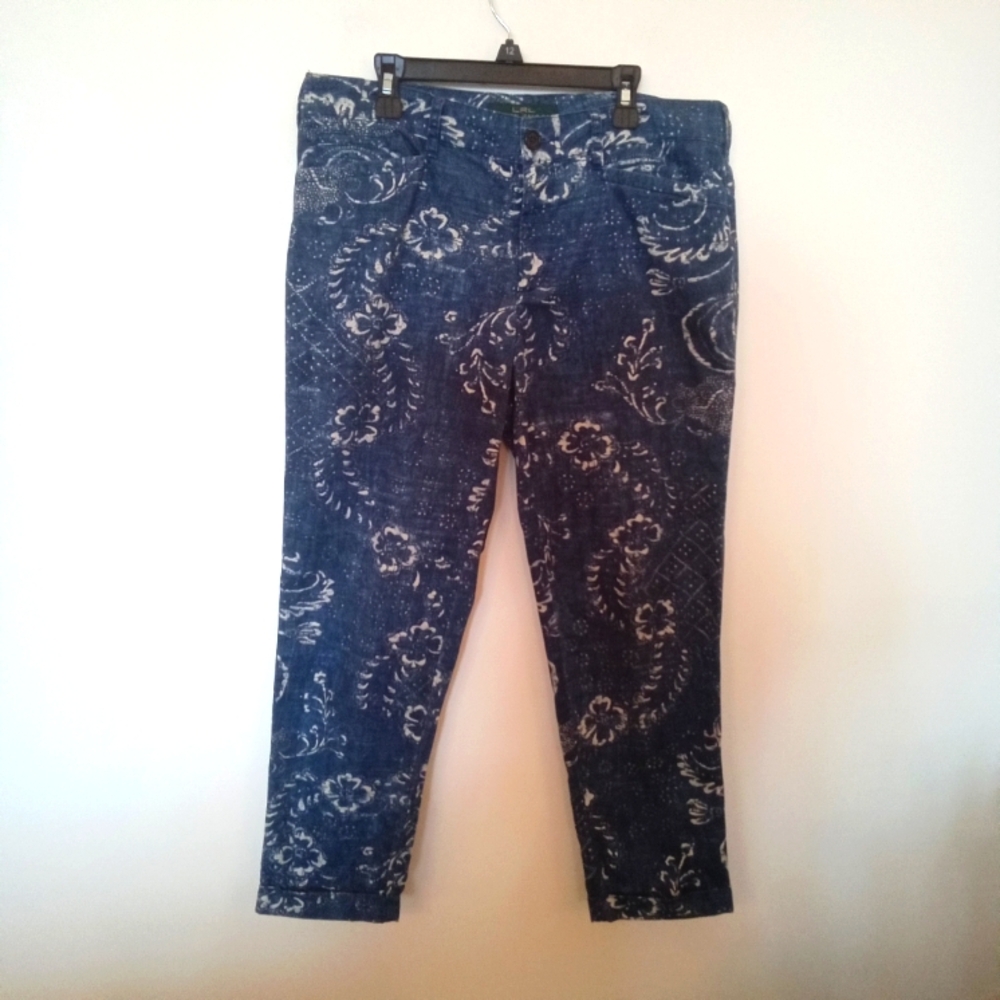 LRL Ralph Lauren Jeans Co Blue Floral Print Cotton Chambray Cropped Pants Size 6